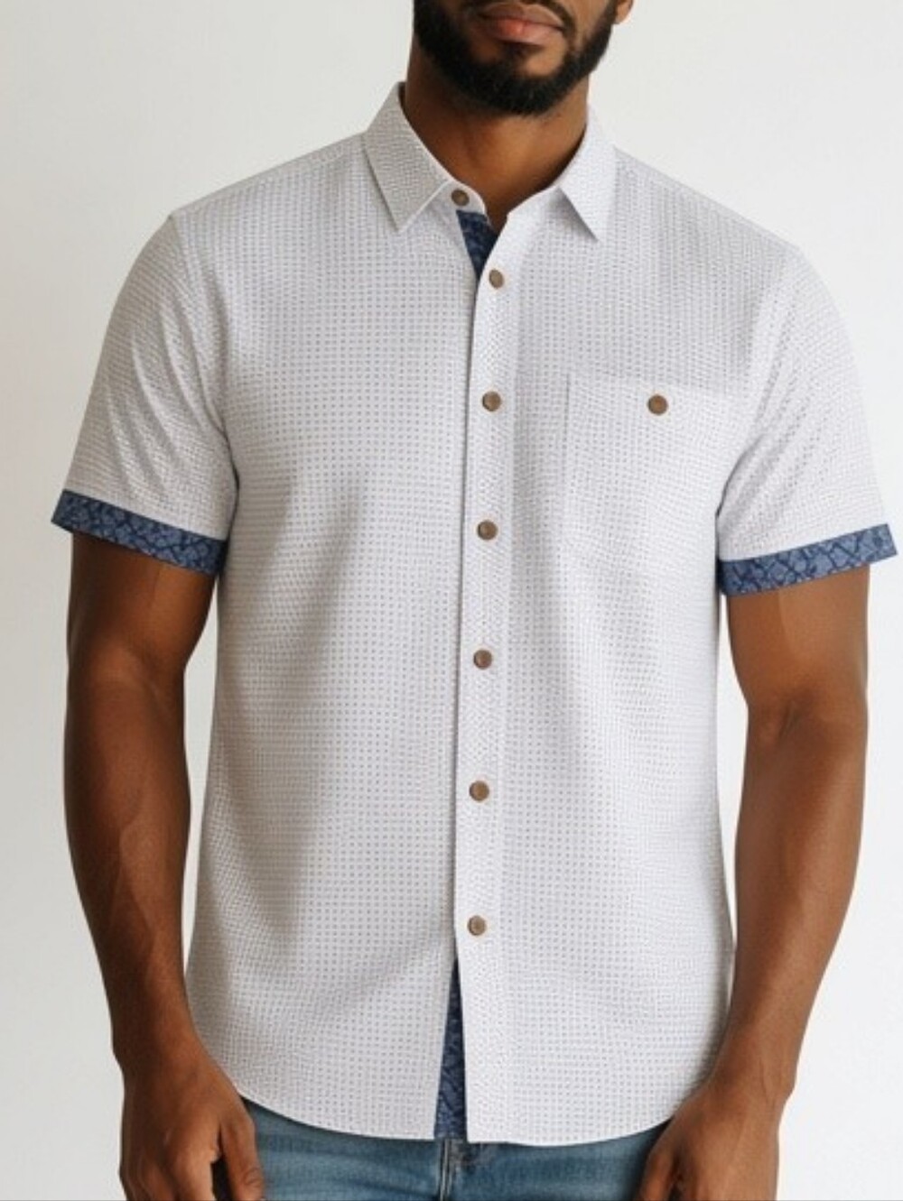 Campia Moda Mens Large Button Up Shirt Blue Geometric Floral Short Sleeve L